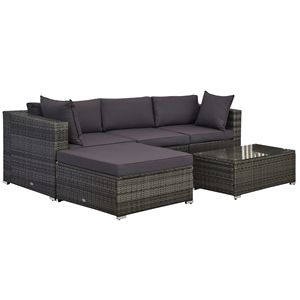 Set di mobili in vimini da 5 pezzi Deluxe grigio per esterni divano componibile con cuscini in Rattan tavolino in vetro - Product Image 1