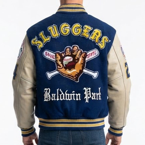 Chaqueta Varsity Azul Marino para Hombre con Logotipo Personalizado, Mangas de Cuero, Parche de Letras Bordadas, Cierre de Botones a Presión, Abrigo de Invierno - Product Image 2