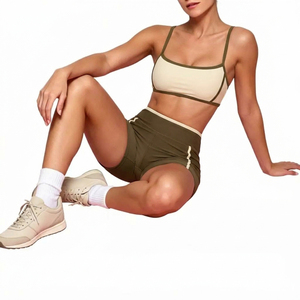 High Elastic Solid Front Logo Women Activewear Set High Waisted Workout Shorts <b>Camisole</b> Sports Bra Yoga Set Four-Way Stretch - Product Image 6