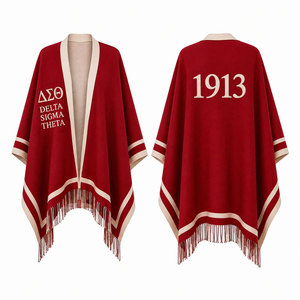 Delta Sigma Theta Wool <b>Poncho</b> Red Cream Fringe 1913 Print Women's Long Winter Shawl - Product Image 1