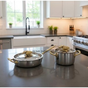 Hot Selling Prime Quality Stainless Steel Silver Polished Hand Hammered Luxury Gold Grapes Top Lid Cookware Casseroles <b>Set</b> Of 4 - Product Image 3