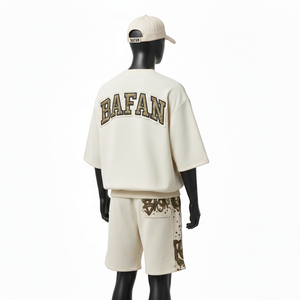 Ensemble de survêtement en molleton de coton français de haute qualité pour hommes, tissu respirant, design à panneaux de couleur beige, logo brodé appliqué - Product Image 4