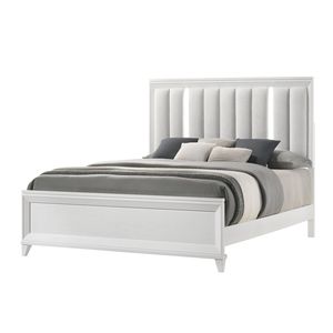 Solid Wood King-Size <b>Panel</b> Bed with LED Lights and White Finish <b>Headboard</b> Upholstered Cushion Furniture - Product Image 1