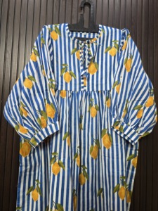 Blue White Striped <b>Lemon</b> Print Cotton Full Sleeve Floor-Length <b>Dress</b> Empire Waist A-Line Romantic Club <b>Dress</b> Adult Style - Product Image 5