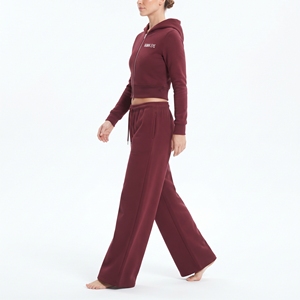 Women's Maroon <b>Cropped</b> <b>Zip</b> <b>Up</b> Hoodie Sweatshirt Wide Leg Straight Stacked Pants Two Piece Tracksuit Set - Product Image 4