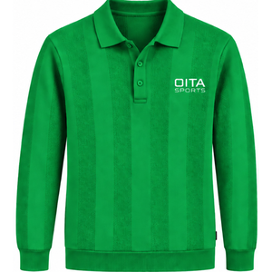 Emerald Green <b>Mens</b> <b>Long</b> <b>Sleeve</b> Knitted <b>Polo</b> <b>Shirt</b> Textured Stripe Design Ribbed Collar Hem Casual Premium Pullover Fashion Top - Product Image 1