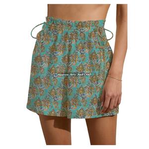 Nouveaux shorts d'été pour femmes, style bohème, en coton, avec cordon de serrage, pour le week-end, 100% coton, imprimé à la main, taille haute, fermeture élastique - Product Image 2