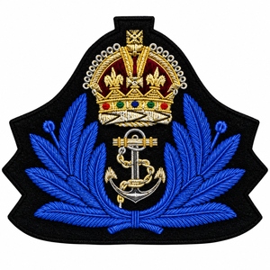 Custom Hand Embroidery Patch Gold Bullion Crown Anchor Blue Laurel Handmade Embroidered Badge - Product Image 1