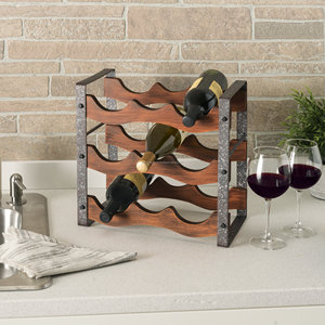 Botellero moderno de metal y madera para fiestas con pulido natural y acabado de recubrimiento en polvo negro, portabotellas de 3 niveles de forma rectangular - Product Image 5
