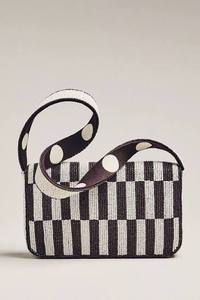 Sac à bandoulière artisanal à pois et rayures verticales noir et blanc en perles de rocaille, directement de l'usine, modèle Blueprint - Product Image 1