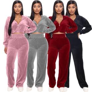 Winter Hoodie Wide Leg Pants Long Sleeve Velvet Sweatsuit Women 2 Piece Outfit Women Casual 2 Piece Jogger Set - Product Image 1