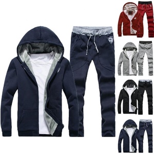 Wholesale Stock Men's Winter Fur Hood Warm Track Suit With Drawstring Sweatpants Full Front Zip Hooded Thick Sweat Suit Slim Fit - Product Image 5