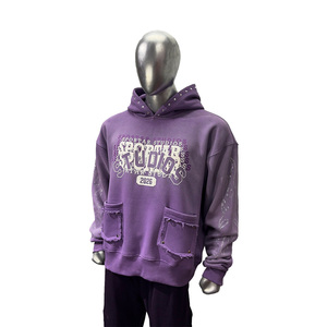 Sweat à capuche décontracté pour homme, personnalisé OEM, en molleton 400 GSM, effet délavé soleil, imprimé en relief, avec strass vieillis et manches longues - Product Image 1