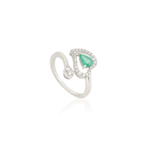 Bague en or blanc 14 carats personnalisée, design unique, faite à la main, en forme de poire, avec halo d'émeraudes et de diamants, bijou en pierres précieuses - Product Image 3