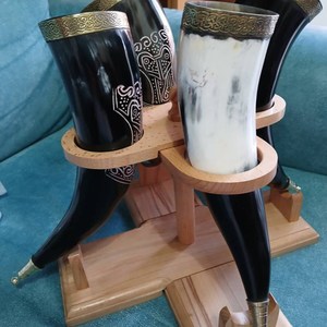Organic Ox Horn Viking Horn <b>Beer</b> Mugs Set Hand-made Eco-friendly Gold Plated Rim Dishwasher Safe Marble Pattern Gift Box - Product Image 2