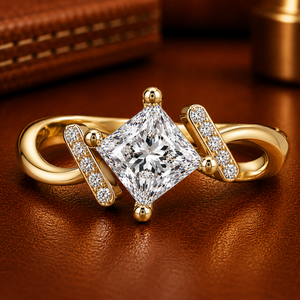 Bague de fiançailles élégante en diamant de laboratoire taille princesse, en or pur 14 carats, avec tige bypass, 0,75 ct TW, couleur E, bijoux fins - Product Image 1