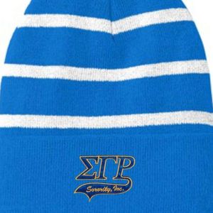 หมวกบีนนี่ลายทาง Sigma Gamma Rho พร้อมแถบสีน้ำเงินเข้ม หมวกไหมพรมสำหรับชมรมนักศึกษากรีก หมวกไหมพรมฤดูหนาวสำหรับผู้หญิง ดีไซน์ตัวอักษร ให้ความอบอุ่น สไตล์ลำลองสำหรับวิทยาลัย - Product Image 6