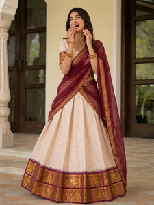 Conjunto de Lehenga Choli tejido con hilo rosa, vestido étnico indio con dupatta con borde color borgoña para MUJERES - Product Image 4