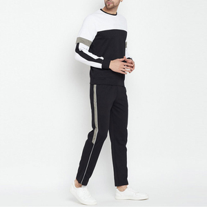 Ensemble de sweat-shirt à col rond pour homme avec blocs de couleur noir, blanc, gris et pantalon de jogging en molleton – Tenue décontractée d'automne - Product Image 3