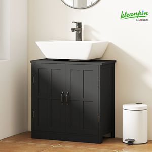 Mobile Bagno con Lavabo in PVC Nero Regolabile, Combinazione Mobiletto e Lavabo su Piedistallo per Uso Alberghiero - Product Image 2