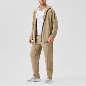 Ensemble de survêtement pour homme en coton 100% écologique, couleur beige uni, à capuche, décontracté, sweat-shirt à manches longues, pantalon de jogging, deux pièces - Product Image 2