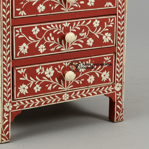 Mesita de Noche Moderna de 2 Cajones con Incrustaciones de Hueso Rojo, Ecológica y Hecha a Mano, con Patrón Floral para Muebles de Dormitorio - Product Image 2