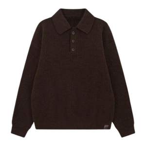 Suéter Polo de Manga Larga para Hombre, Tejido Waffle, Color Marrón, Cuello con Botones, Estilo Casual, Mezcla de Algodón con Textura Suave, OEM Personalizado - Product Image 1