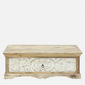 Table basse rectangulaire moderne à double tonalité, sculptée à motifs floraux, avec rangement, pour salon, finition naturelle et blanchie à la chaux - Product Image 2