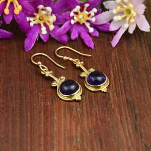Boucles d'oreilles pendantes ovales minimalistes en argent sterling 925 plaqué or 18 carats, avec améthyste, pierre de naissance de février, style bohème - Product Image 4