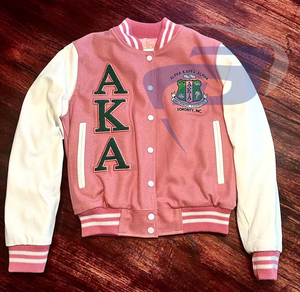 Alpha | Kapa | Alpha Sorority Varsity <b>Jacket</b> for women Stylish Regular Stand Pink <b>White</b> Sleeve Greek Embroidered Logo AKA <b>Jacket</b> - Product Image 1