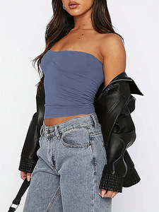 Women's <b>White</b> Strapless Knitted <b>Tank</b> <b>Top</b> Solid Color Ruched Short Length Casual Style Spandex Cotton Blend - Product Image 5