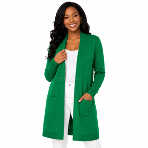 Cardigan long en acrylique vert pour femme, style décontracté, col en V, avec poches, ouverture sur le devant, de la sororité Cosh International. - Product Image 3