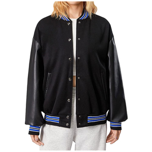 Top Fashion Varsity <b>Jacket</b> With PU <b>Leather</b> Sleeves And Blue Stripe Trim Full Sleeve Chenille Patches Embroidery Wool Letterman - Product Image 3