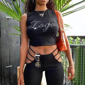 T-shirt Crop Top Femme à Manches Courtes Slim Fit en Strass, Style Streetwear Sportif, Personnalisé et Tendance - Product Image 2