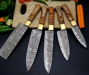 Handmade Damascus Steel 5-Piece Kitchen Set Carbon Steel Pure Leather Sheath Includes Chef Cleaver Bread Fruit <b>Sharpening</b> Tool - Product Image 3