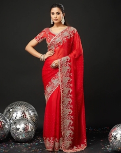 KV Embroidered Bollywood Silk Blend <b>Saree</b> (<b>Red</b>) - Product Image 2