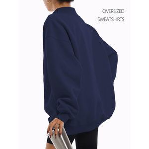 <b>Women's</b> <b>Navy</b> Blue Oversized Mock Neck Sweatshirt Striped Long Sleeve Pullover Custom Logo Fleece Knit <b>Top</b> <b>for</b> Autumn - Product Image 5