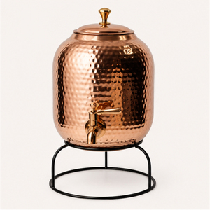 Distributeur d'eau artisanal en cuivre pur, pot de stockage d'eau en cuivre martelé ayurvédique avec robinet anti-fuite et support métallique - Product Image 5