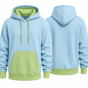 เสื้อฮู้ดผู้ชายสีฟ้าอ่อน มีกระเป๋าและขอบสีเขียวมะนาว ทรงปกติ สวมใส่สบาย ผ้าฟลีซถัก เหมาะสำหรับฤดูใบไม้ร่วง - Product Image 1