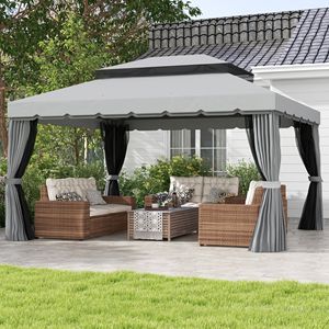 Gazebo da Esterno 10x13 Grigio con Tettoia, Pergola per Patio con Telaio in Alluminio, Doppio Tetto, Rete e Tende - Product Image 2
