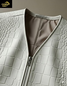 Chaleco de Cuero Repujado para Hombre Champ King, Cuello en V, Cierre de Cremallera, Ropa Exterior Informal Elegante, Otoño, Blanco - Product Image 2