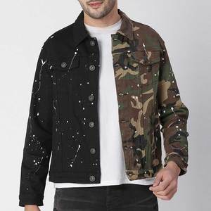 Men's Reversible <b>Denim</b> <b>Jacket</b> Camouflage Black Splatter Print Turn-down Collar Casual Autumn Wear - Product Image 1