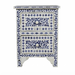 Classic <b>Blue</b> Bone Inlay <b>Bedside</b> <b>Table</b> Moroccan Floral Pattern Nightstand 1 Drawer 2 Doors Custom Eco-Friendly Bedroom Cabinet - Product Image 2