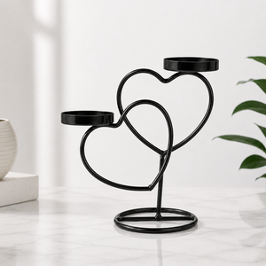 Double Heart Iron Candle Stand <b>Black</b> Metal Holder for Home Decoration Valentine's Day Use Heat Resistant Design - Product Image 2