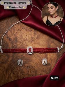 Silver Plated Hydro Bead Choker Necklace Set Maroon Ruby Red Multi Layer Crystal Beads Collar Necklace with CZ Stud Earrings - Product Image 2