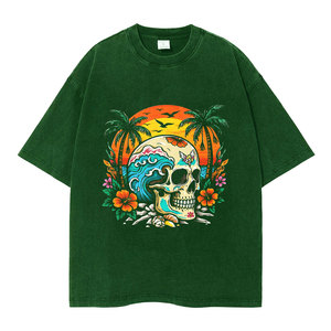 Regular Fit Men's Black T-Shirt with Skull and Tropical Print Short Sleeve O-Neck Street Style Jersey Cotton 320g Gear - Product Image 6