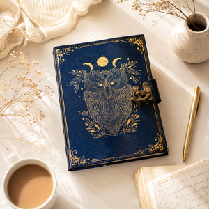 Diario de cuero con estampado de búho azul, hecho a mano, con tapa dura, encuadernación cosida, papel con borde deshilachado, diseño de hechizo de mago, impresión digital - Product Image 1