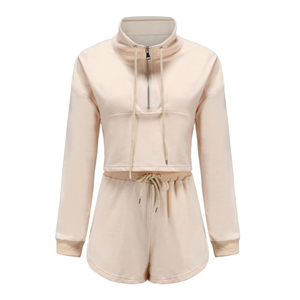 <b>Sexy</b> Women Clothing Two Piece Half Zip Crop Top and Shorts <b>Set</b> Custom Cropped Hoodie <b>Set</b> - Product Image 3