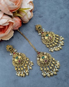 Pendientes y mangtika hechos a mano con diseño de hojas, flecos de perlas y baño de oro para mujer, conjunto combinado de joyería tradicional étnica. - Product Image 6
