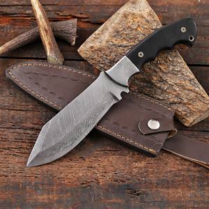 Cuchillo Bowie de Hoja Fija de Acero de Damasco Forjado a Mano con Funda, Cuchillo de Caza y Camping OEM Personalizado de Espiga Completa con Mango de Micarta - Product Image 1